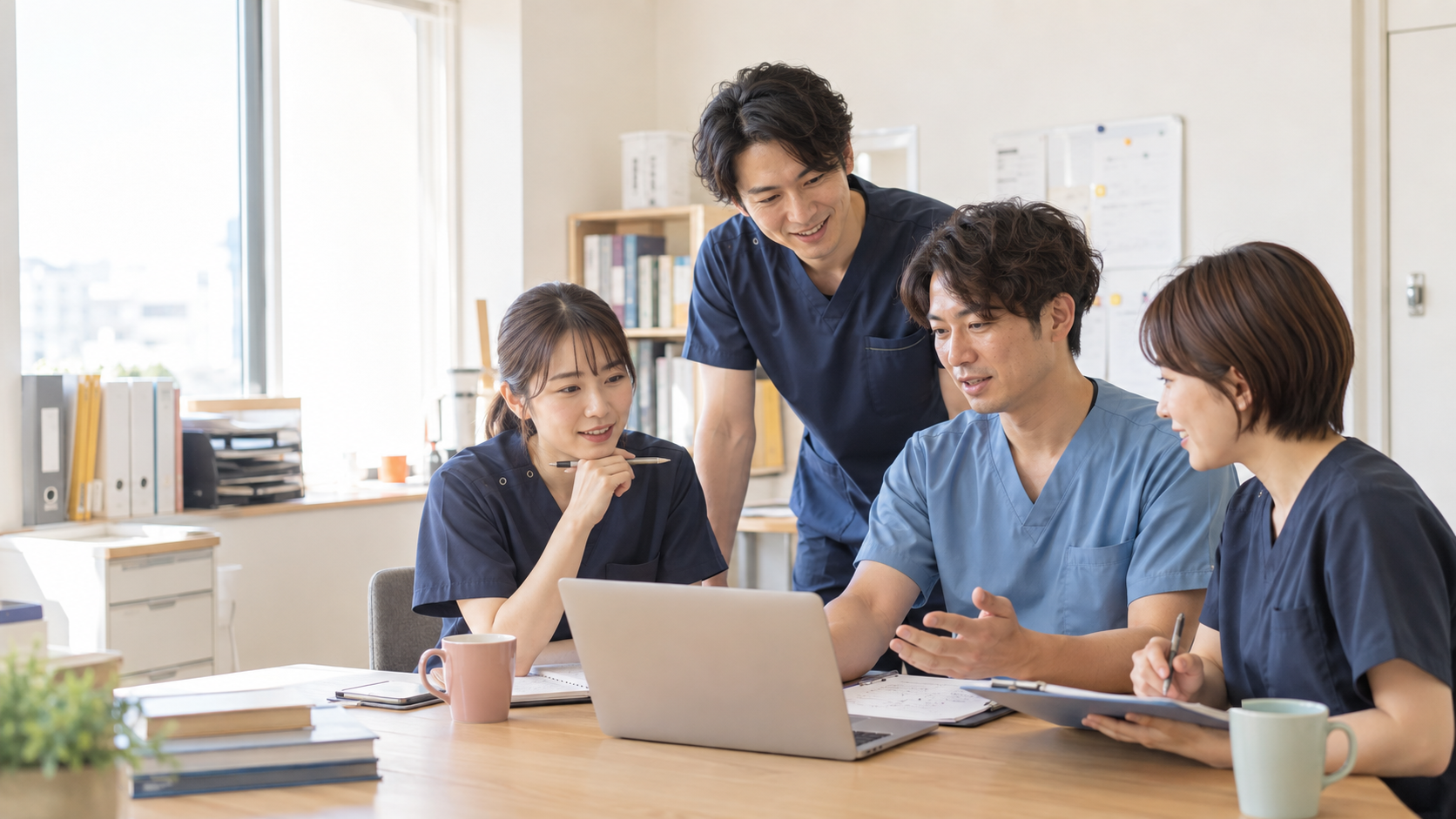 スクラブ姿の4名の医療スタッフが、ノートパソコンを囲んで笑顔で話し合っている様子